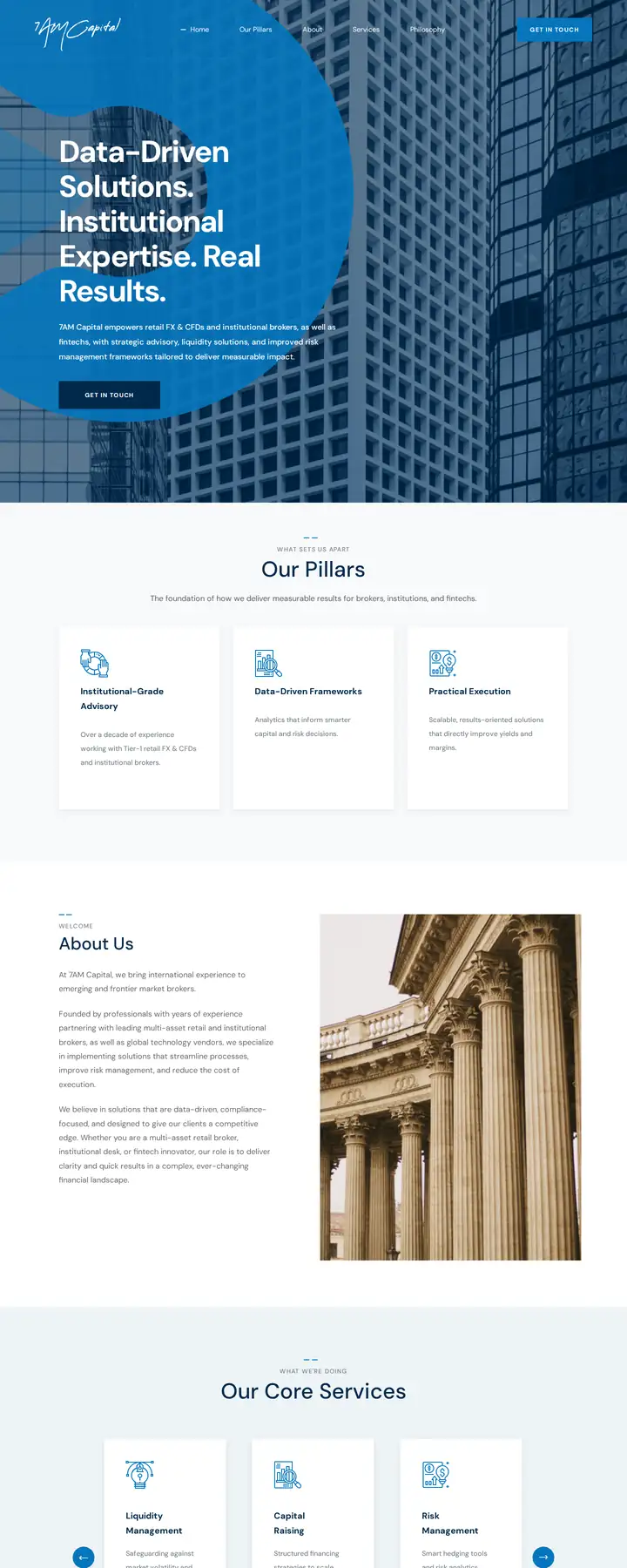 7AM Capital homepage: financial services pillars, about section and core services
