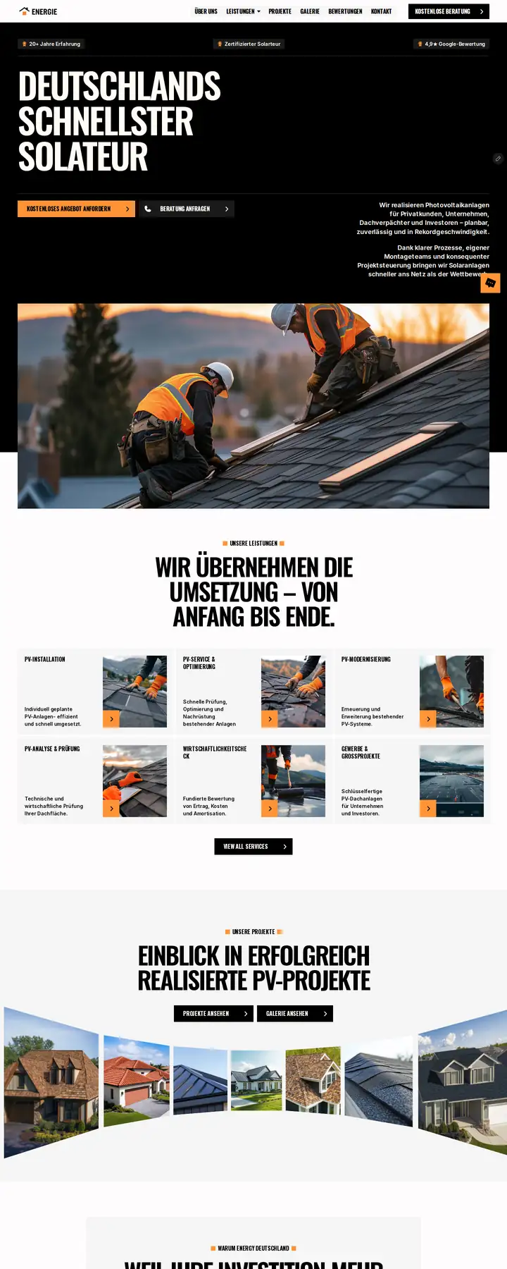 Energie Deutschland homepage: solar panel installation with a quote request, services and project gallery