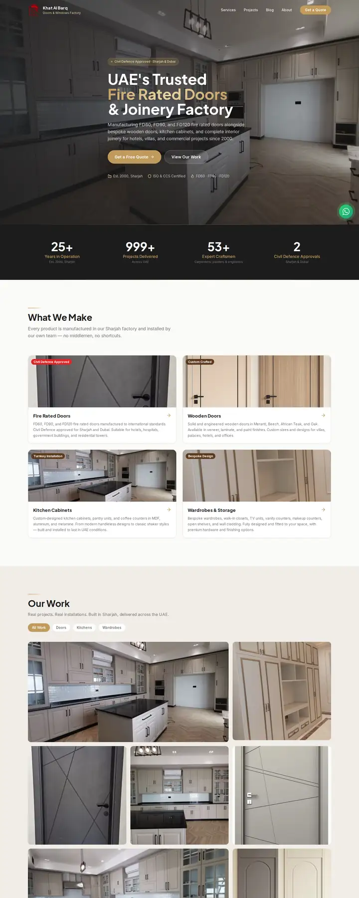 Khat Al Barq homepage: fire rated doors and joinery, with product categories and project photos