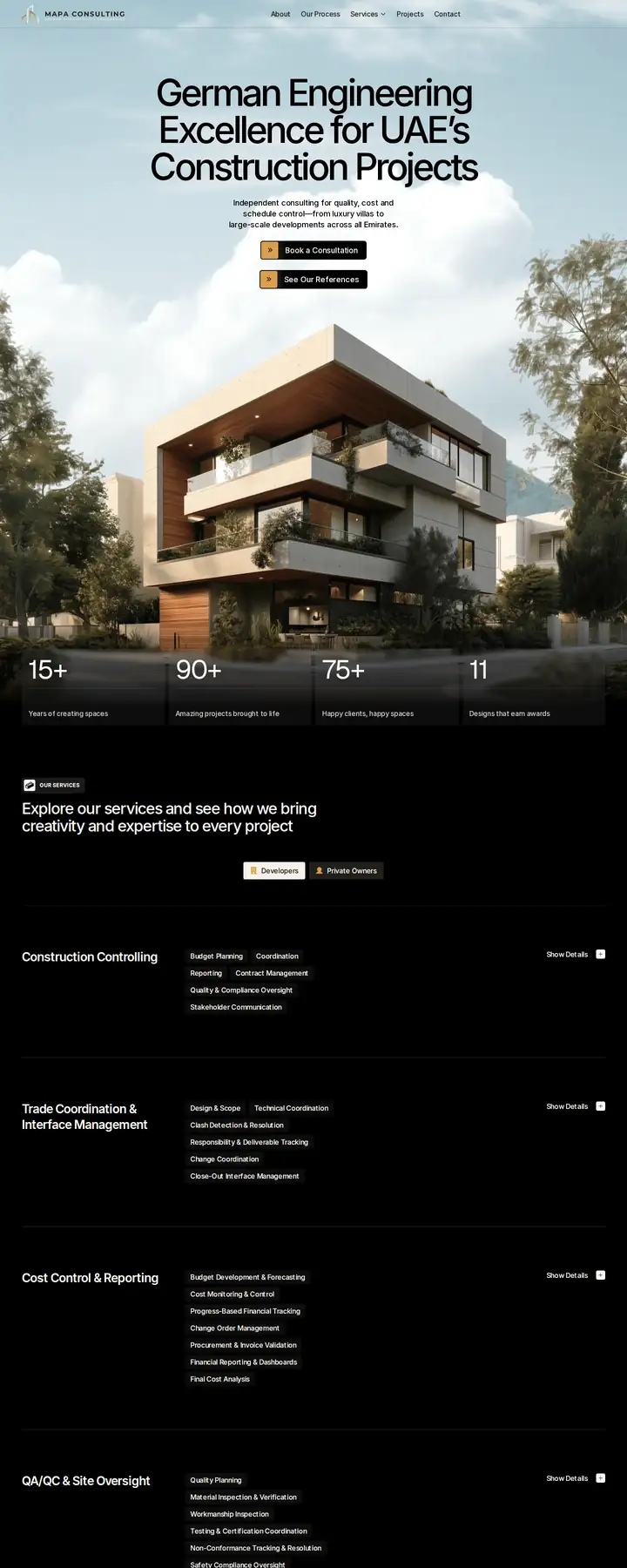 MaPa Consulting homepage: construction engineering services and consultation buttons